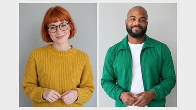 The two portraits used for the test: a woman with a red bob and glasses in a mustard sweater, and a bearded man in a green jacket over a white tee