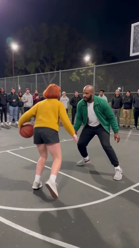 From our Wan 3.0 prompt test: a woman with a red bob in a mustard sweater dribbles at a man in a green jacket on a floodlit night court